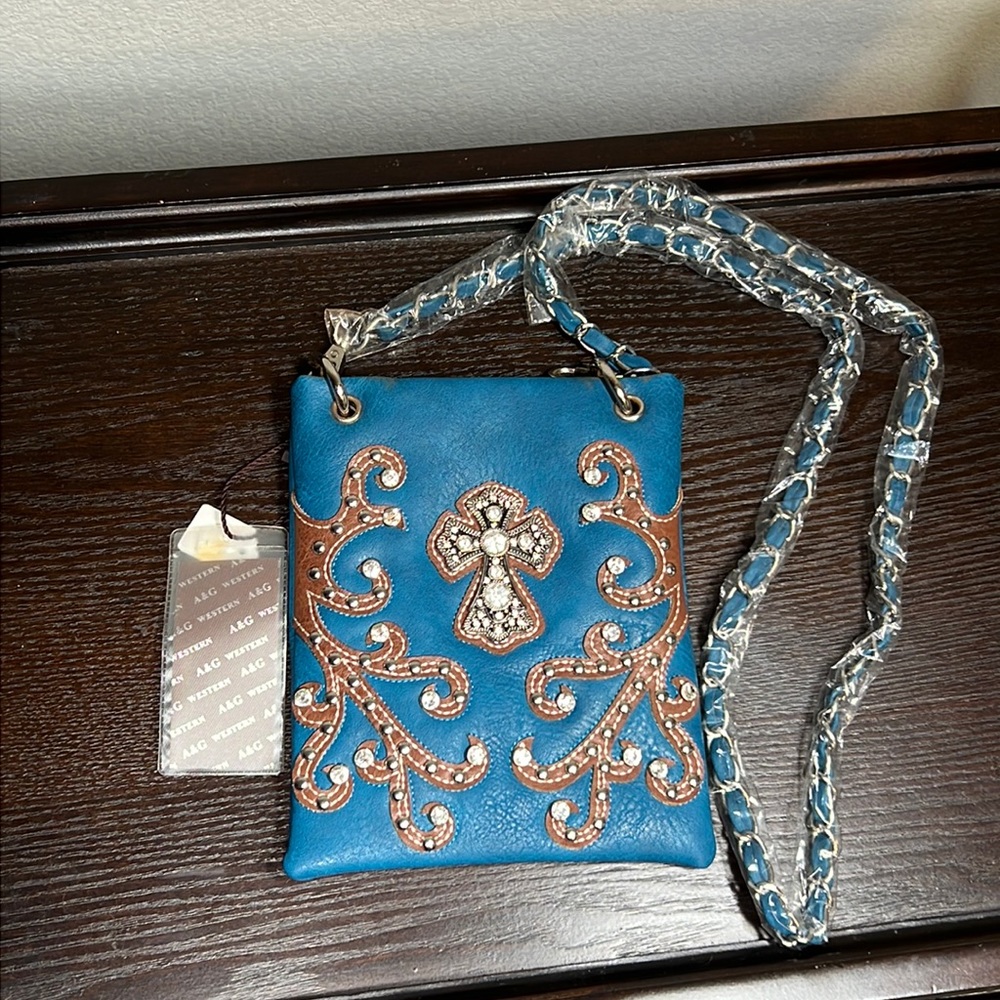 A&G Western Blue/Brown Bling Embellished Crossbody Bag NWT